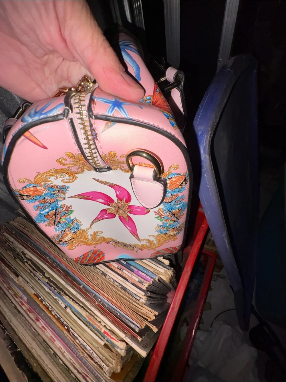 Seashell-Print Pink Satchel with Gold Accents